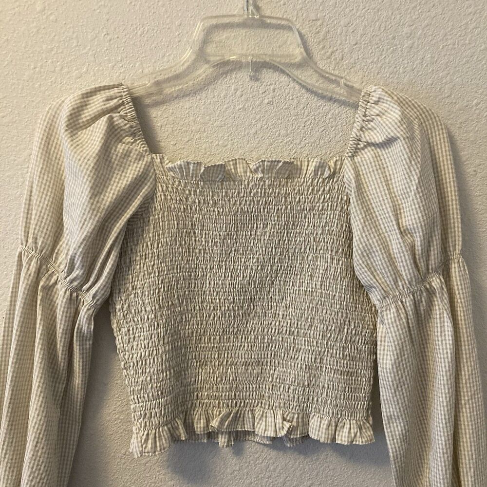 Superdown Womens Blouse Size XS Smocked Puff Sleeve Cropped Gingham Babydoll Top - Picture 5 of 11